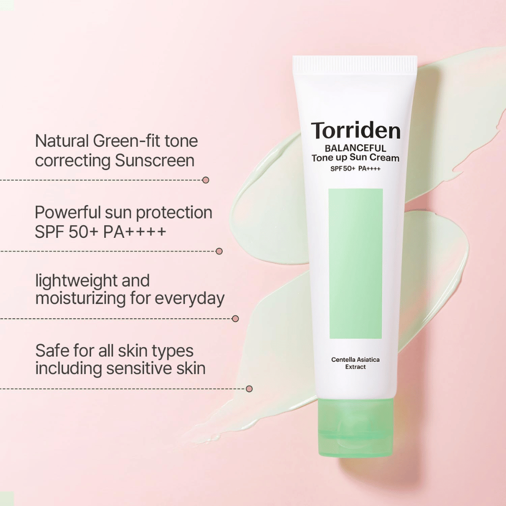 Torriden Balanceful Tone Up Sun Cream SPF50+ PA++++ so zeleným farebne korigujúcim tone-up efektom, ktorý pomáha zjednotiť začervenanie a dodať prirodzený jas.