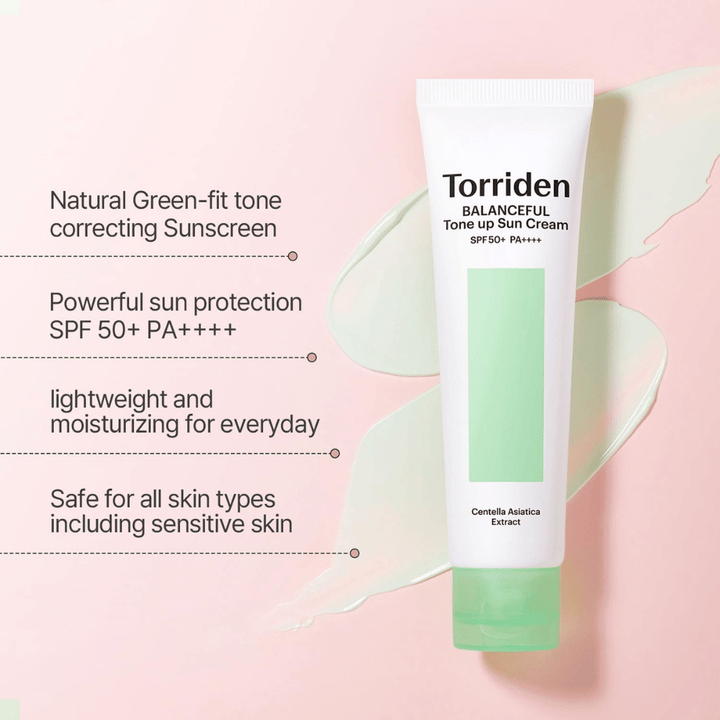Torriden Balanceful Tone Up Sun Cream SPF50+ PA++++ so zeleným farebne korigujúcim tone-up efektom, ktorý pomáha zjednotiť začervenanie a dodať prirodzený jas.