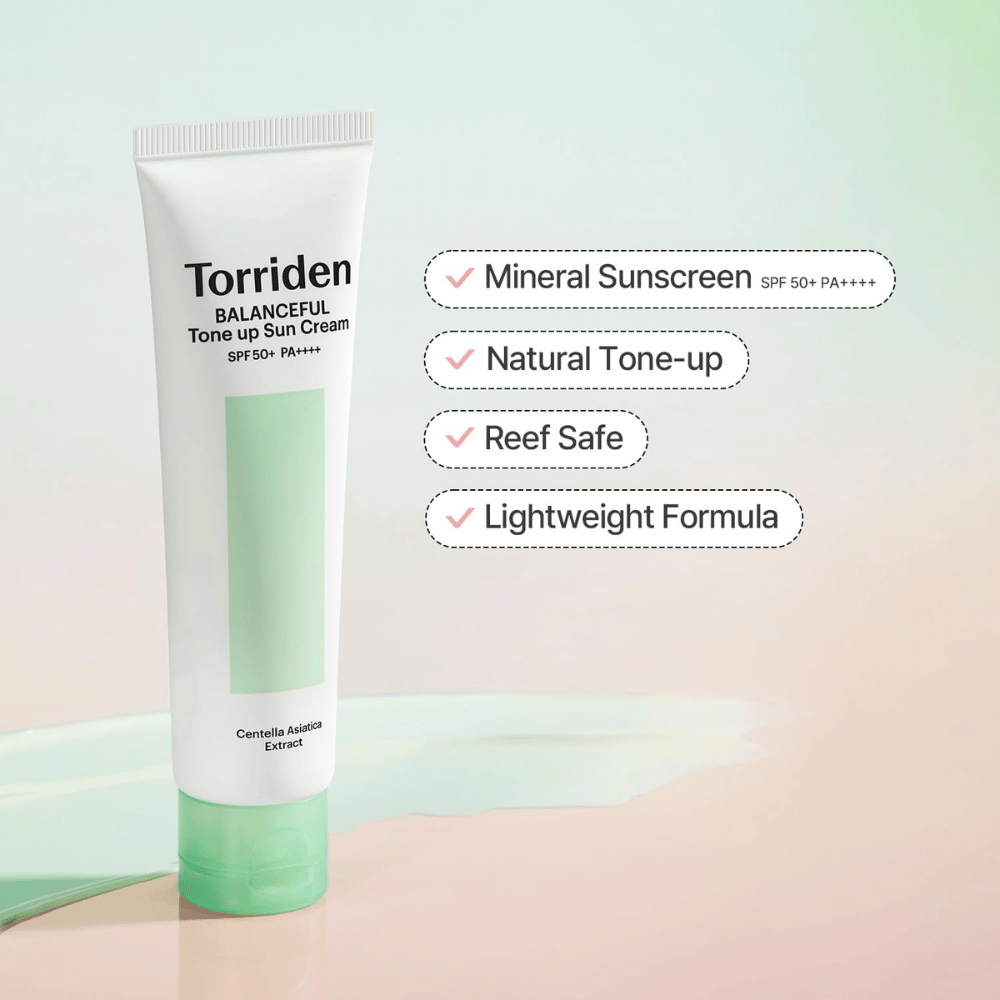 Torriden Balanceful Tone Up Sun Cream SPF50+ PA++++ predstavený so zameraním na minerálnu ochranu pred slnkom, prirodzený tone-up efekt, reef safe zloženie a ľahkú textúru.