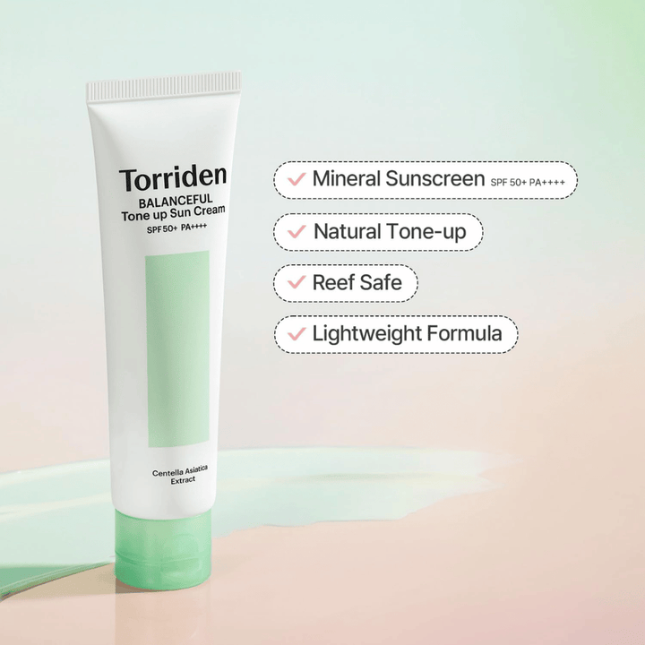 Torriden Balanceful Tone Up Sun Cream SPF50+ PA++++ predstavený so zameraním na minerálnu ochranu pred slnkom, prirodzený tone-up efekt, reef safe zloženie a ľahkú textúru.