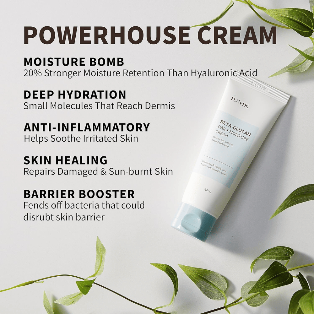 Produktová fotografia zameraná na hlavné výhody iUNIK Beta-Glucan Daily Moisture Cream. Obrázok zdôrazňuje intenzívnu hydratáciu, hĺbkovo pôsobiacu vlhkosť, upokojujúce vlastnosti, podporu kožnej bariéry a starostlivosť o suchú alebo podráždenú pokožku.