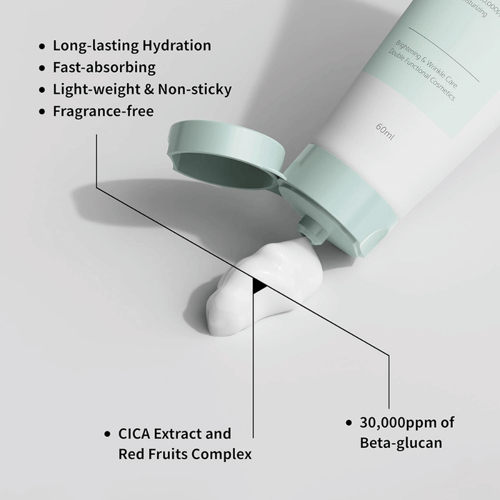 Detailný záber na iUNIK Beta-Glucan Daily Moisture Cream, kde sa krém vytláča z tuby. Obrázok zvýrazňuje ľahkú konzistenciu produktu a dôležité vlastnosti, ako sú dlhotrvajúca hydratácia, rýchle vstrebávanie, nelepivý pocit, neparfumované zloženie, beta-glukán a upokojujúce zložky ako extrakt CICA.