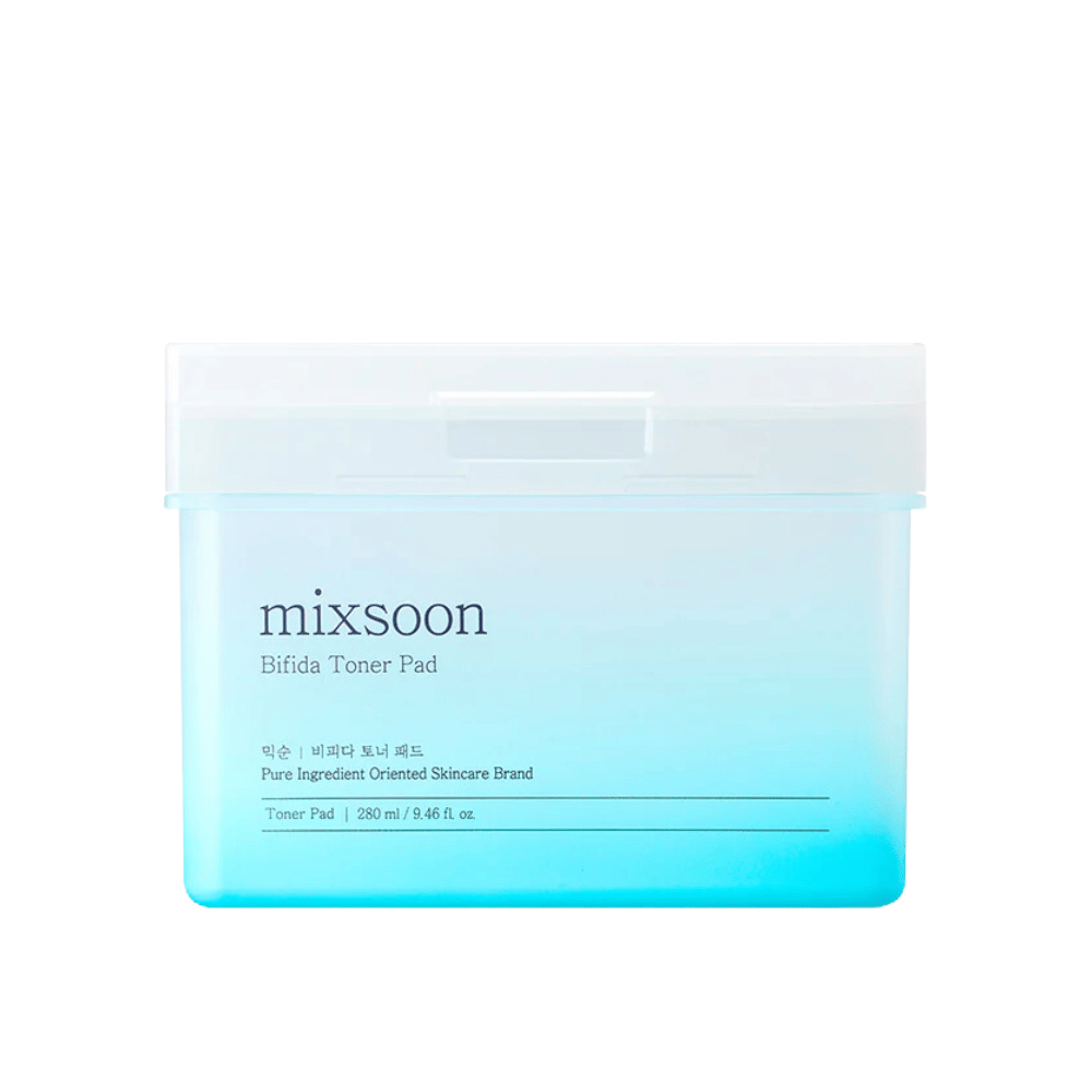 Priehľadná nádoba s modro-bielym prechodom obsahujúca Bifida tonerové podložky. Nádoba je označená "mixsoon Bifida Toner Pad" a obsahuje 280 ml (9,46 fl. oz.) tonerových podložiek, navrhnutých pre starostlivosť o pleť a hydratačný účinok.