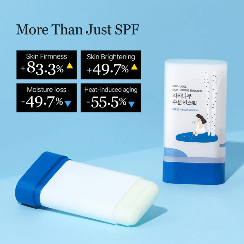 ROUND LAB Birch Juice Sun Stick s SPF50+ je zobrazený s výsledkami zlepšenej elasticity pokožky a zníženej straty vlhkosti