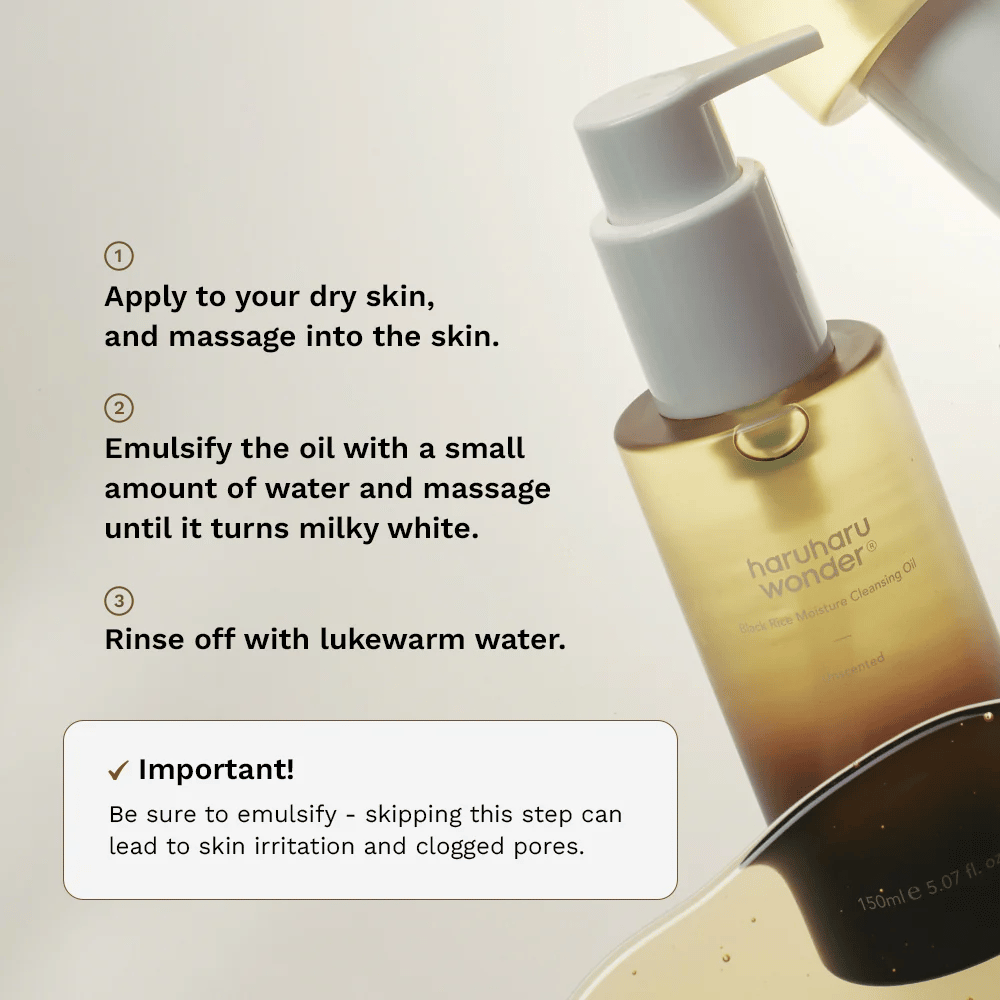 Haruharu Wonder Black Rice Moisture Cleansing Oil návod na aplikáciu – olejové čistenie, ktoré sa masíruje na suchú pokožku, emulguje s vodou a oplachuje pre efektívne odstránenie make-upu.