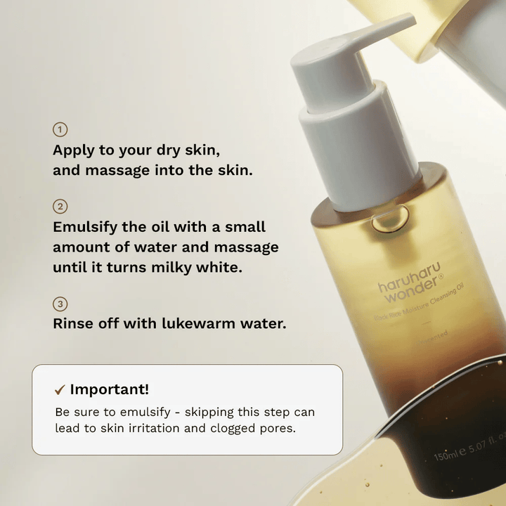 Haruharu Wonder Black Rice Moisture Cleansing Oil návod na aplikáciu – olejové čistenie, ktoré sa masíruje na suchú pokožku, emulguje s vodou a oplachuje pre efektívne odstránenie make-upu.