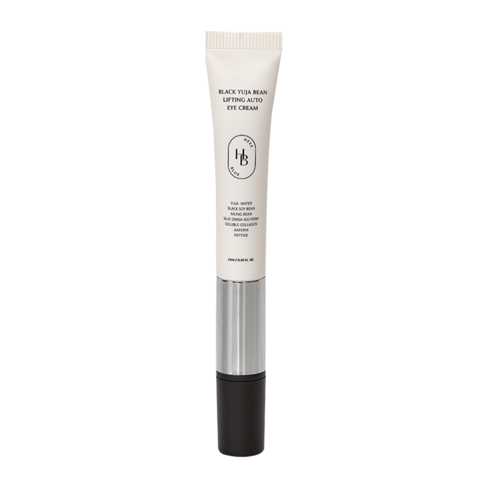 Obrázok produktu HEVE BLUE Black Yuja Bean Lifting Auto Eye Cream - tubička s bielym vrchnákom, strieborným stredom a čiernym aplikátorom. Text na obale uvádza zložky ako yuja water a black soy bean.