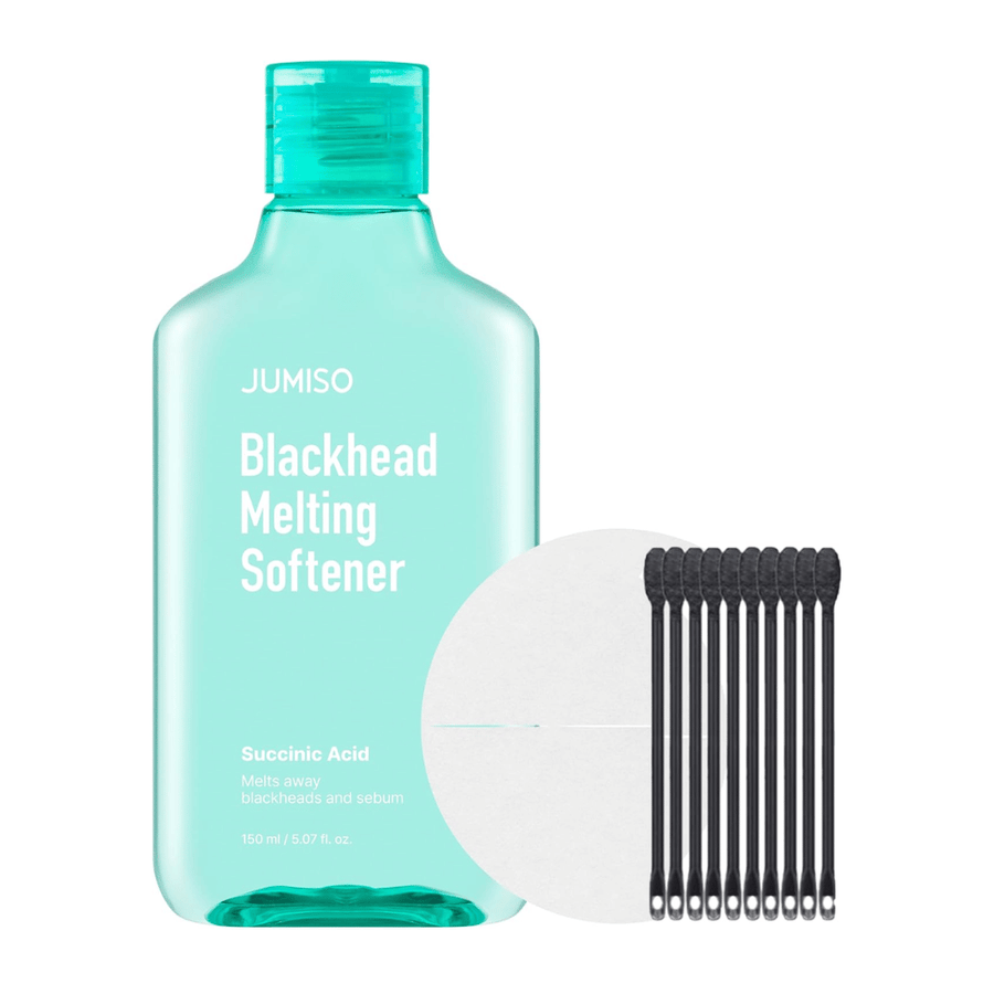 Produktový obrázok JUMISO Blackhead Melting Softener Special Set. Obsahuje fľašu, tampóny a tyčinky na efektívne ošetrenie čiernych bodiek.