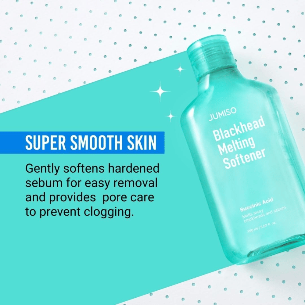 JUMISO Blackhead Melting Softener je zobrazený na tyrkysovom pozadí. Text zdôrazňuje, že produkt zmäkčuje sebum a predchádza upchávaniu pórov.