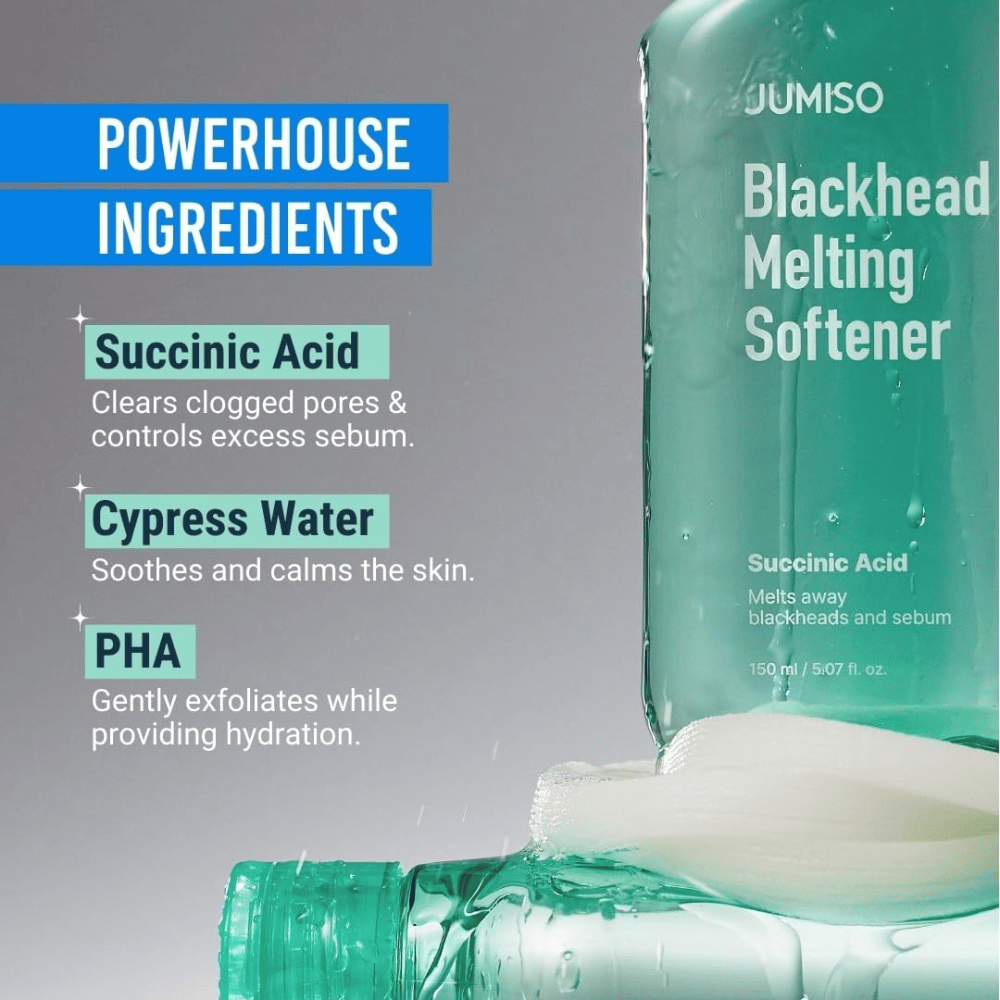 Detailný záber na fľašu JUMISO Blackhead Melting Softener. Text ukazuje kľúčové zložky: kyselina jantárová, cyprusová voda a PHA na čistenie pórov.