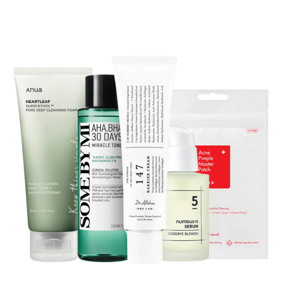
Kolekcia produktov na starostlivosť o pleť určená na boj proti vyrážkam a akné. Sada obsahuje Anua Heartleaf Quercetin+ Pore Deep Cleansing Foam, SOME BY MI AHA.BHA.PHA 30 Days Miracle Toner, Dr. Althea Pro Lab 5 Numbuzin Serum a Acne Pimple Master Patch. Tieto produkty sú špeciálne formulované na upokojenie, vyčistenie a ošetrenie problematickej pleti, ako aj na efektívne zníženie viditeľnosti vyrážok a pórov.