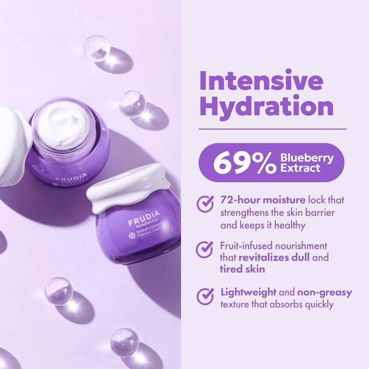 FRUDIA Blueberry Hydrating Intensive Cream s intenzívnou hydratáciou, 69 % extraktu z čučoriedok a krémovou konzistenciou pre suchú a dehydratovanú pokožku