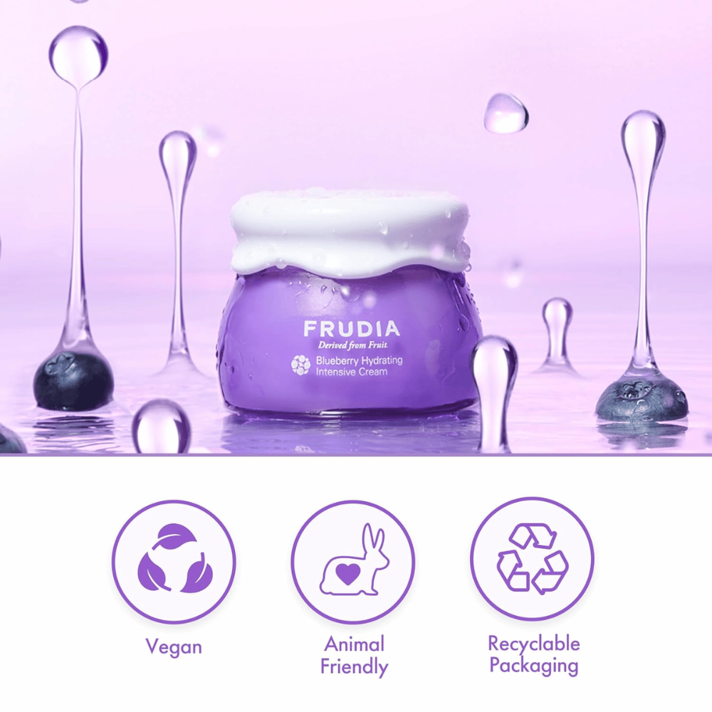 FRUDIA Blueberry Hydrating Intensive Cream vo vodnom prostredí s vegánskou formulou, cruelty-free vlastnosti a recyklovateľné balenie