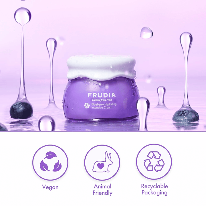 FRUDIA Blueberry Hydrating Intensive Cream vo vodnom prostredí s vegánskou formulou, cruelty-free vlastnosti a recyklovateľné balenie