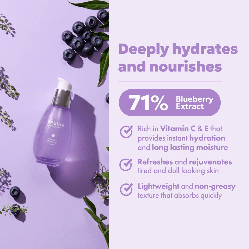 FRUDIA Blueberry Hydrating Serum s 71 % extraktu z čučoriedok, ktorý poskytuje intenzívnu hydratáciu, dlhodobú vlhkosť, ľahkú konzistenciu a čerstvý lesk suchej pokožke.