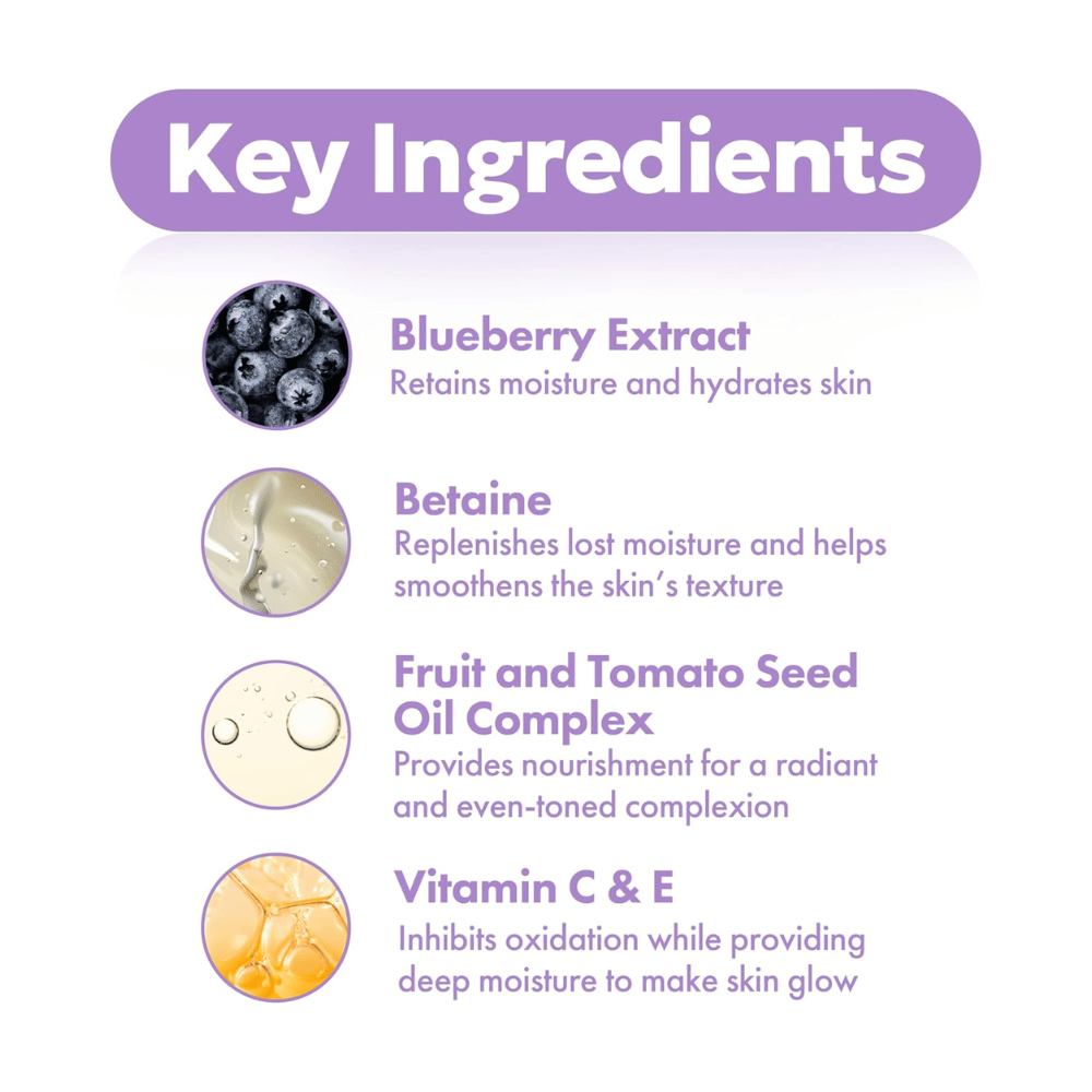 Kľúčové ingrediencie v FRUDIA Blueberry Hydrating Serum s extraktom z čučoriedok, betainom, komplexom olejov z jadier a vitamínmi C a E pre hydratovanú a žiarivú pokožku.