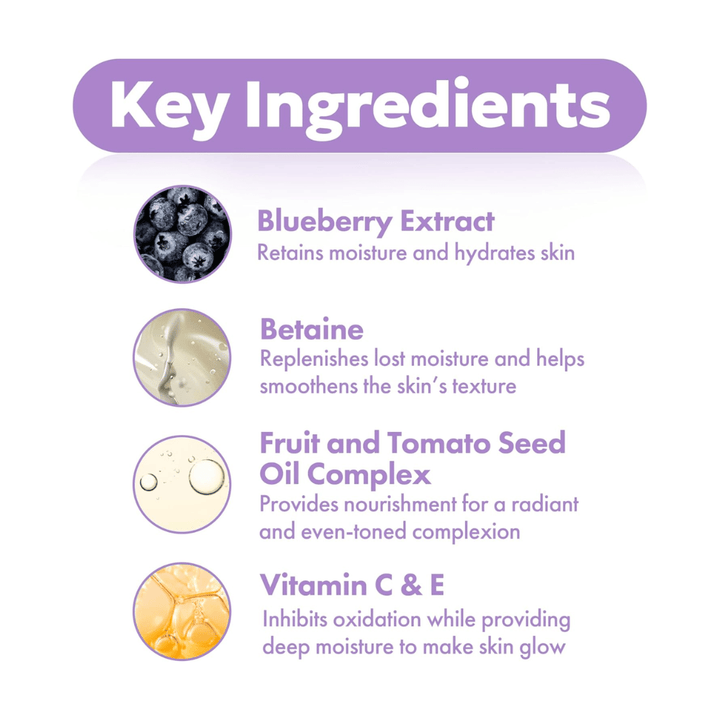 Kľúčové ingrediencie v FRUDIA Blueberry Hydrating Serum s extraktom z čučoriedok, betainom, komplexom olejov z jadier a vitamínmi C a E pre hydratovanú a žiarivú pokožku.
