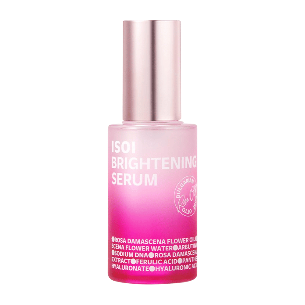 ISOI Brightening Serum 35 ml, rozjasňujúce pleťové sérum s Rose PDRN a arbutínom v ružovej sklenenej fľaštičke s metalicky ružovým uzáverom na bielom pozadí.