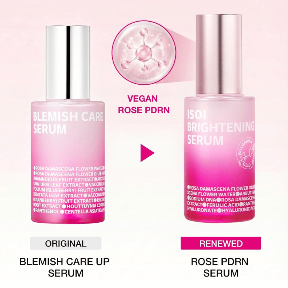ISOI Brightening Serum s vegánskym Rose PDRN. Porovnanie medzi originálom Blemish Care Up Serum a aktualizovanou ružovou fľaštičkou séra.
