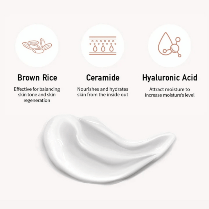 Detailný záber na formulu opaľovacieho krému spolu s ilustráciami a vysvetleniami troch kľúčových ingrediencií: hnedá ryža pre rovnomerný tón pleti, ceramidy pre výživu a kyselina hyalurónová pre hydratáciu.