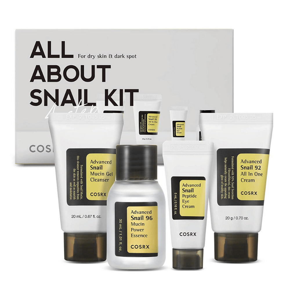 COSRX All About Snail Kit – kórejská sada na starostlivosť o pleť so Snail Mucin Cleanser, Essence, Eye Cream a All In One Cream pre hydratáciu a opravu.