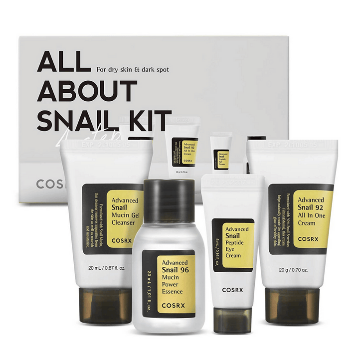 COSRX All About Snail Kit – kórejská sada na starostlivosť o pleť so Snail Mucin Cleanser, Essence, Eye Cream a All In One Cream pre hydratáciu a opravu.