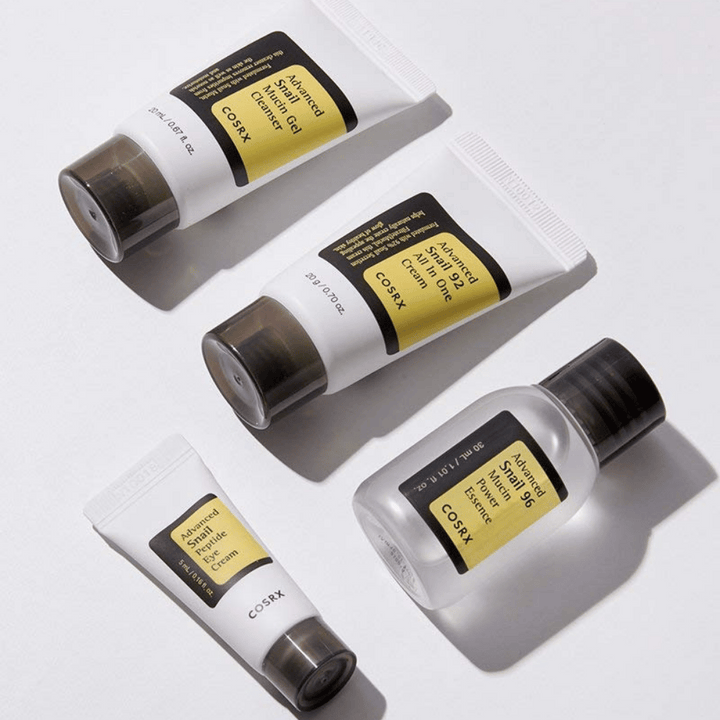 COSRX All About Snail Kit – cestovné balenia so Snail Gel Cleanser, Snail 92 All In One Cream, Snail 96 Mucin Essence a Snail Peptide Eye Cream