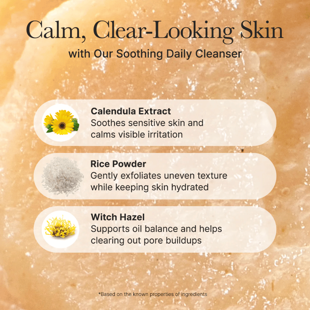 Arencia Calendula Rice Mochi Cleanser s ingredienciami ako nechtík, ryžový prášok a hamamel – upokojuje, exfoliuje a vyvažuje pokožku.
