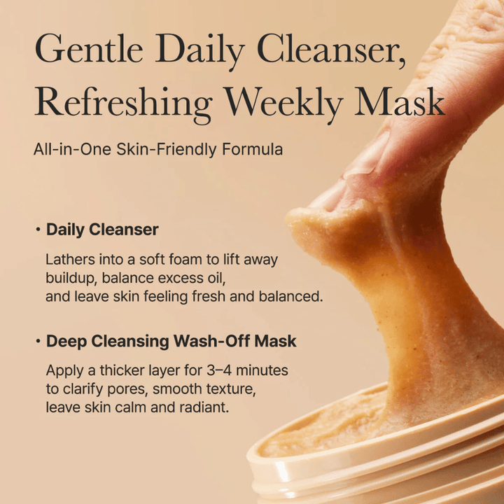 Detailný záber na Arencia Calendula Rice Mochi Cleanser – all-in-one formula, ktorá funguje ako denný čistiaci prostriedok a hĺbkovo čistiaca maska.