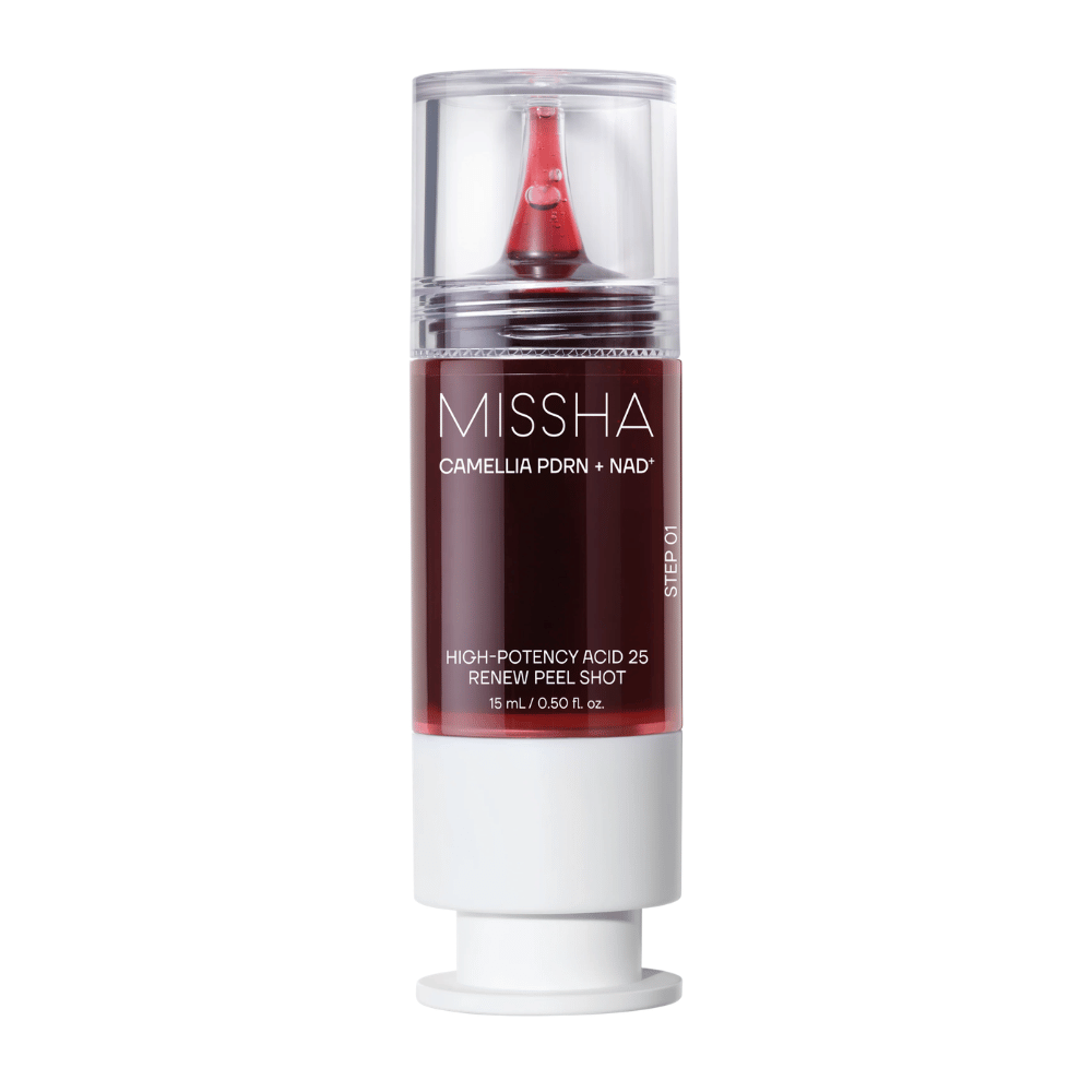 6. MISSHA Camellia PDRN NAD+ High-Potency Acid 25 Renew Peel Shot 15 ml – exfoliačný peeling v červenom a bielom balení