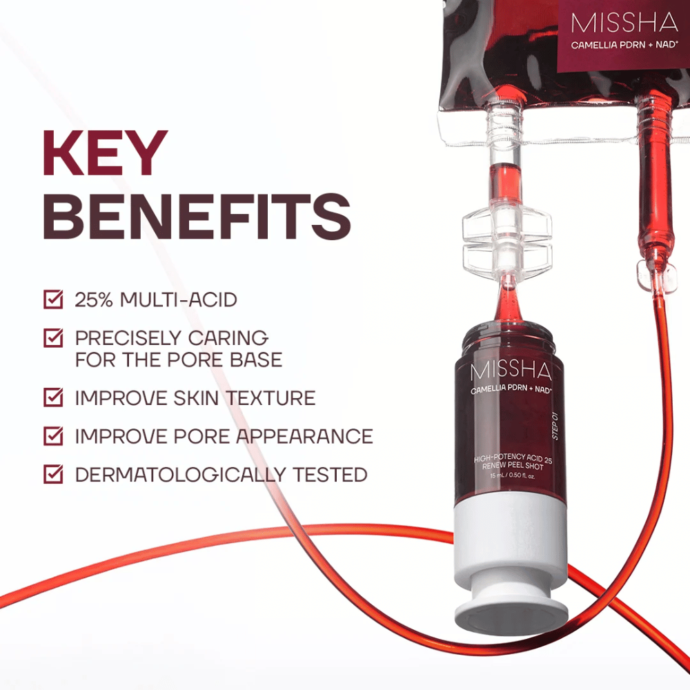 3. MISSHA Camellia PDRN NAD+ High-Potency Acid 25 Renew Peel Shot – exfoliačné ošetrenie tváre pre rovnomernejšiu štruktúru pleti a menej viditeľné póry