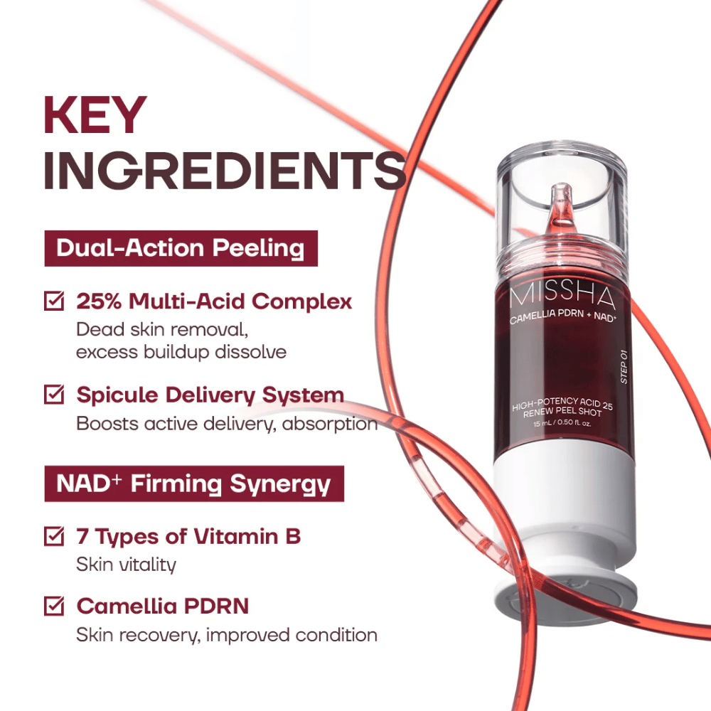 2. MISSHA Camellia PDRN NAD+ High-Potency Acid 25 Renew Peel Shot – peeling s 25 % komplexom kyselín, PDRN a NAD+