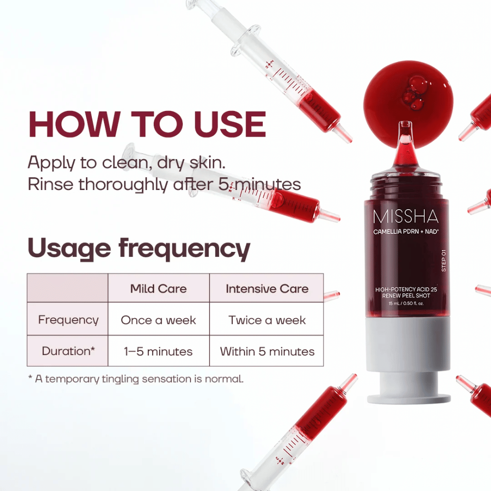 1. MISSHA Camellia PDRN NAD+ High-Potency Acid 25 Renew Peel Shot – návod na použitie a odporúčaná frekvencia exfoliácie