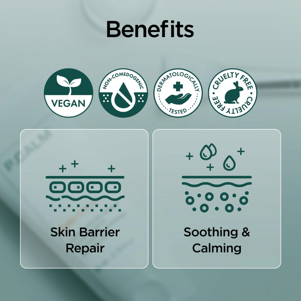 Grafický prehľadový obrázok, ktorý vyzdvihuje výhody produktu, ako sú vegánske zloženie, non-comedogenic, dermatologicky testovaný a cruelty-free. Dôraz sa kladie na obnovu kožnej bariéry a upokojujúci účinok pre citlivú pokožku.