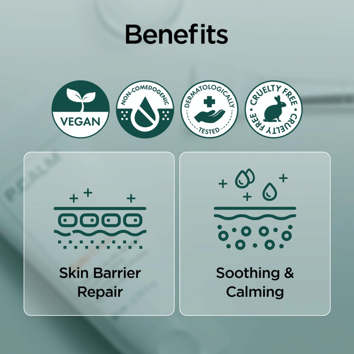 Grafický prehľadový obrázok, ktorý vyzdvihuje výhody produktu, ako sú vegánske zloženie, non-comedogenic, dermatologicky testovaný a cruelty-free. Dôraz sa kladie na obnovu kožnej bariéry a upokojujúci účinok pre citlivú pokožku.