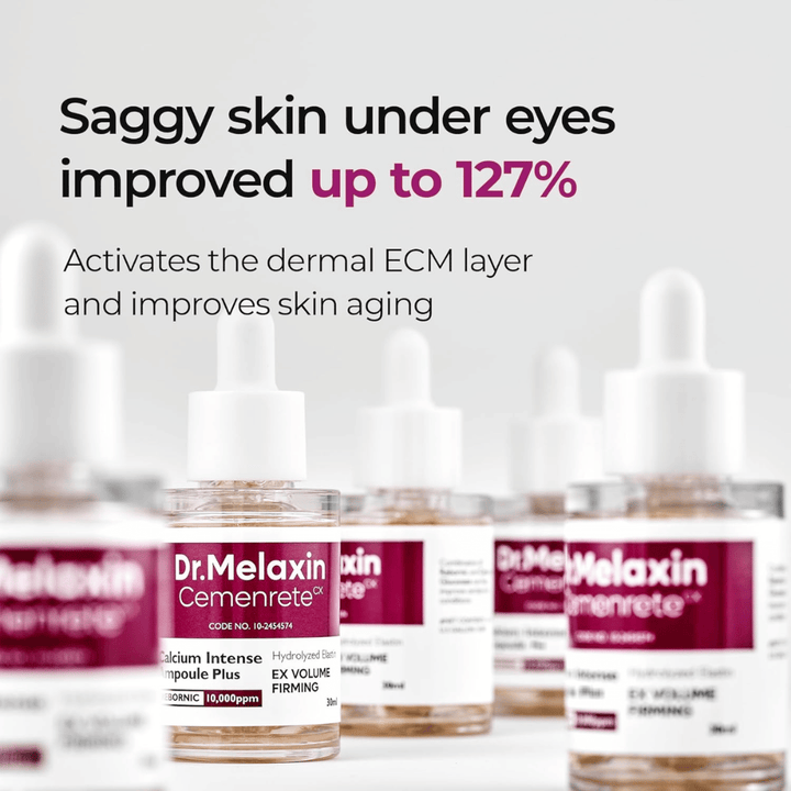 Dr. Melaxin Cemenrete Calcium Intense Ampoule Plus zobrazená so zameraním na zlepšenie ochabnutej pokožky pod očami, ktorá aktivuje ECM vrstvu pokožky a podporuje anti-aging.