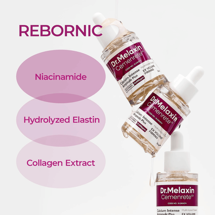 Dr. Melaxin Cemenrete Calcium Intense Ampoule Plus s niacínamidom, hydrolyzovaným elastínom a kolagénovým extraktom, vyvinutá pre pevnejšiu pokožku a zlepšenú elasticitu.