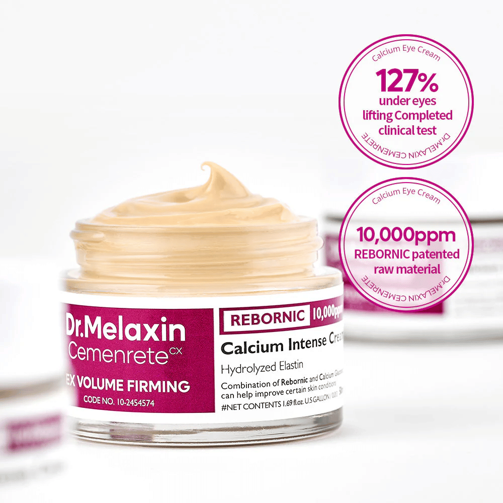 Dr.Melaxin Cemenrete Calcium Intense Cream s klinickými markermi, ukazuje 10 000 ppm Rebornic a výsledky testov pre spevňujúci a objemový efekt.