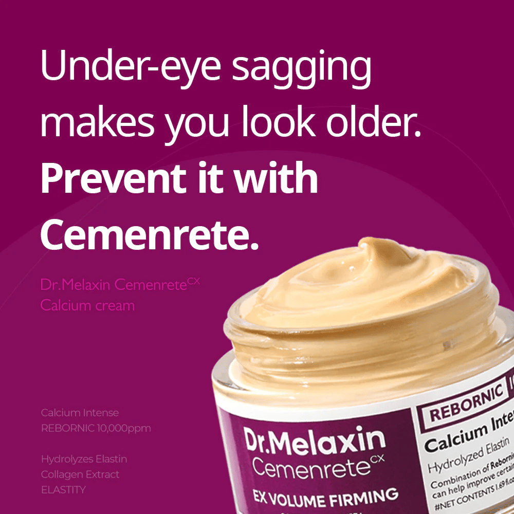 Dr.Melaxin Cemenrete Calcium Intense Cream s textovým odkazom na spevnenie pod očami, ilustruje zameranie krému na pevnosť, objem a prevenciu ochabnutej pokožky.