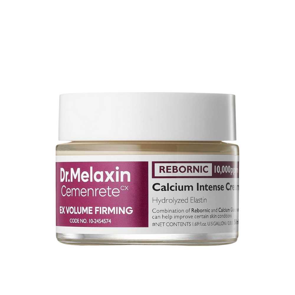 Dr.Melaxin Cemenrete Calcium Intense Cream v nádobe na bielom pozadí, pleťový krém s vápnikom, Rebornic a hydrolyzovaným elastínom pre pevnejšiu a plnšiu pokožku.
