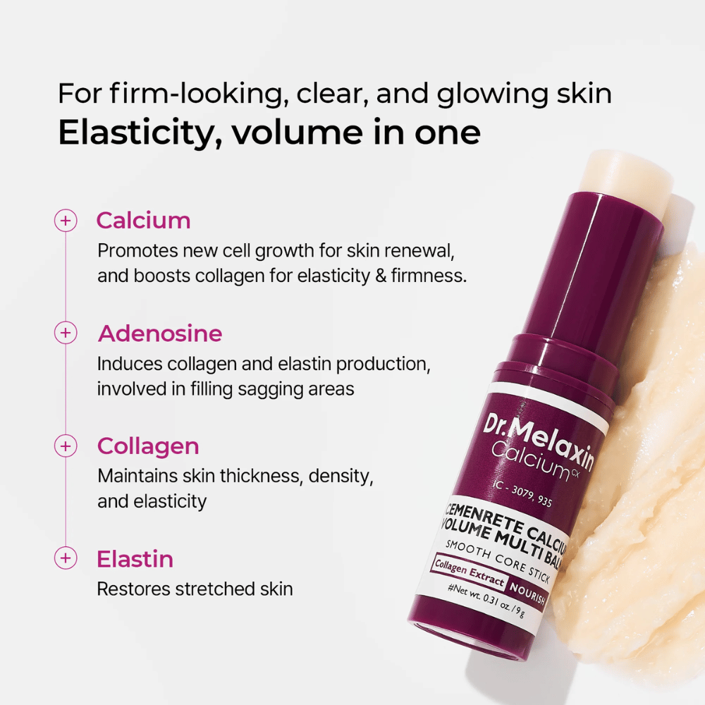 Dr. Melaxin Cemenrete Calcium Volume Multi Balm s vápnikom, adenozínom, kolagénom a elastínom pre zvýšenú elasticitu, pevnejšiu pokožku a zlepšenú štruktúru pokožky.