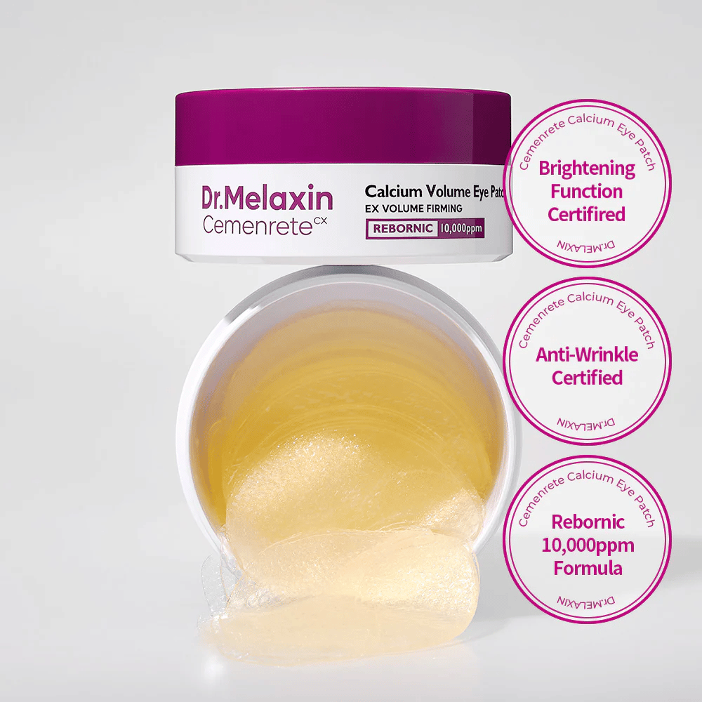 Otvorená nádoba s hydrogélovými očnými náplasťami od Dr. Melaxin Cemenrete Calcium Volume Eye Patch s Rebornic 10 000 ppm, certifikovaná na protiriasovú a zosvetľujúcu účinnosť.