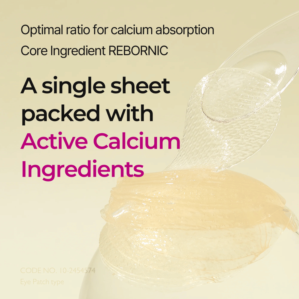 Detailný záber hydrogélu nasiaknutého aktívnym vápnikom v Dr. Melaxin Cemenrete Calcium Volume Eye Patch, vyvinutého pre optimálnu absorpciu a objemový efekt.