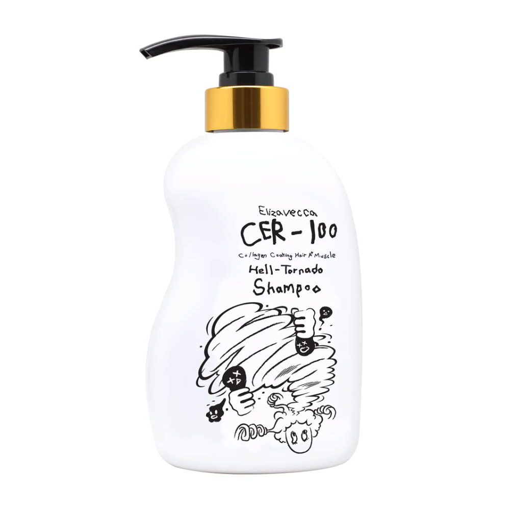 Produktový obrázok Elizavecca CER-100 Collagen Coating Hair A+ Muscle Helltornado Shampoo na bielom pozadí. Balenie je jasne zobrazené s pumpičkovou fľašou a charakteristickou ilustráciou, ktorá je typická pre túto sériu.