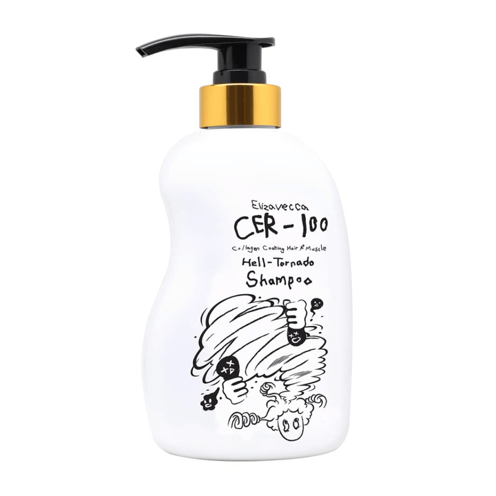 Produktový obrázok Elizavecca CER-100 Collagen Coating Hair A+ Muscle Helltornado Shampoo na bielom pozadí. Balenie je jasne zobrazené s pumpičkovou fľašou a charakteristickou ilustráciou, ktorá je typická pre túto sériu.