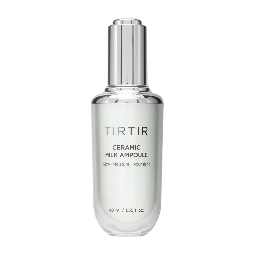  Priehľadná fľaša TIRTIR Ceramic Milk Ampoule, označená "Glow - Moisture - Nourishing", na bielom pozadí.