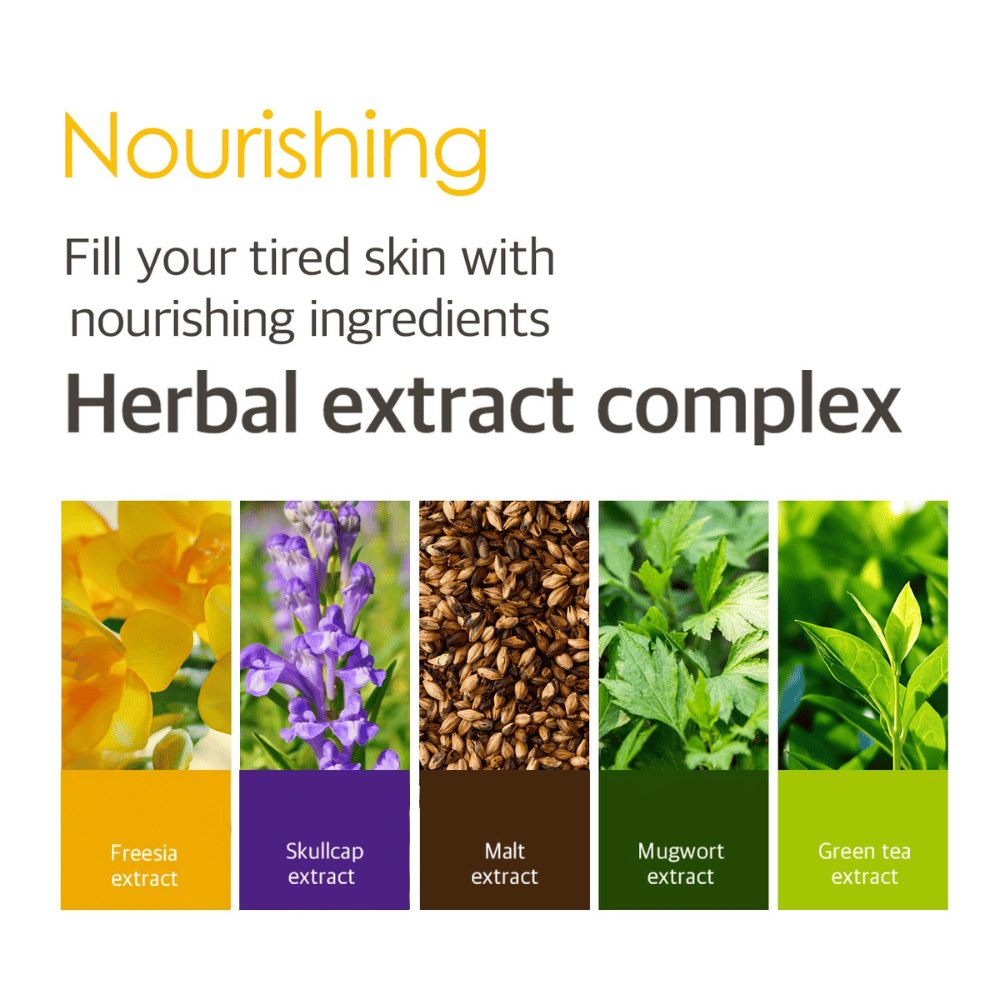 Informačný obrázok o Herbal Extract Complex s rastlinnými extraktmi okrem iného z frézie, šišiaka, sladu, paliny a zeleného čaju, ktoré pomáhajú dodávať unavenej pleti výživu a starostlivosť.