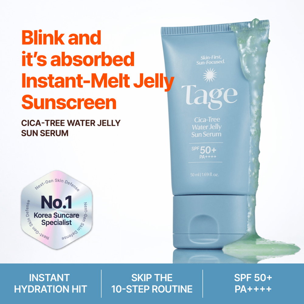 Tage Cica-Tree Water Jelly Sun Serum SPF 50+ s ľahkou gélovou konzistenciou. Modrá tuba opaľovacieho krému so zeleným gélom ukazuje textúru produktu.