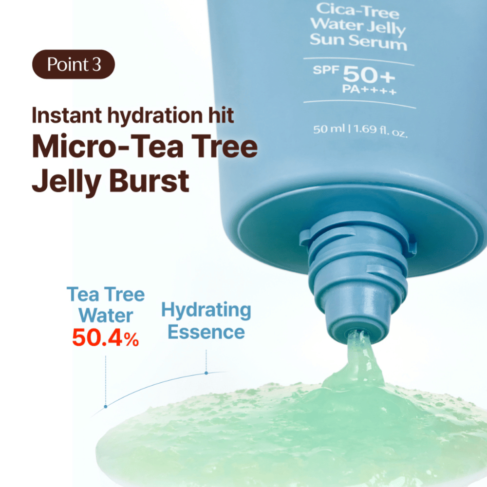 Tage Cica-Tree Water Jelly Sun Serum SPF 50+ s 50,4 % tea tree-vody. Detailný záber na zelený hydratačný gél vytláčaný z tuby.