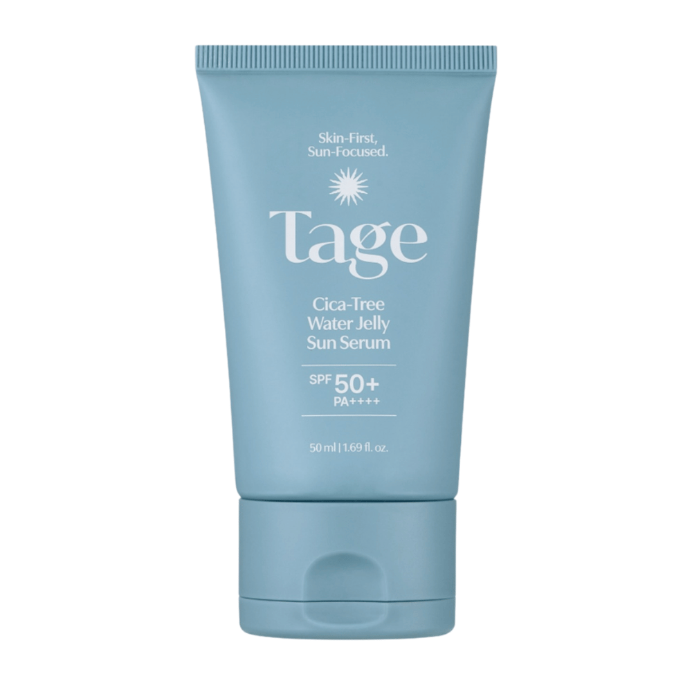 Tage Cica-Tree Water Jelly Sun Serum SPF 50+ PA++++ 50 ml, hydratačné sérum na opaľovanie v svetlomodrej tube na bielom pozadí.